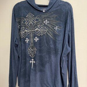 Y2K Affliction Style Hoodie Mens Size XL Cross Blue Graphic Lightweight Loose